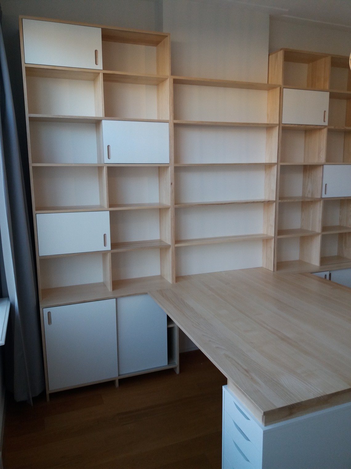 thuiskantoor met twee grote boekenkasten en een bureau